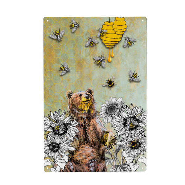 Holzbild "Bee Bear and honey" artboxONE - Für Kinder,Tiere - Bee,Bear,Honey,Flower,Plant,Tier,Animal,Bienen,Bär,Natur,Nature,Honig