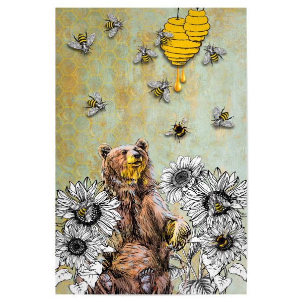 Poster 30x20 cm "Bee Bear and honey" artboxONE - Für Kinder,Tiere - Bee,Bear,Honey,Flower,Plant,Tier,Animal,Bienen,Bär,Natur,Nature,Honig