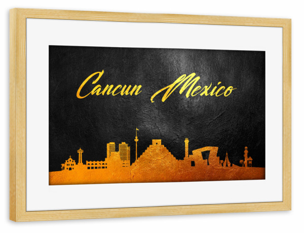 Poster mit Rahmen kiefer "Cancun Mexico Gold Skyline" artboxONE - Städte - Gold,Skyline,Cancel,Mexico