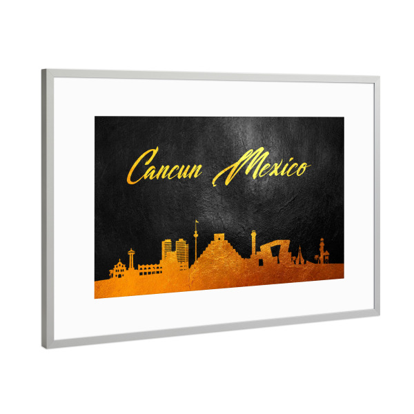 Poster mit Rahmen Silber "Cancun Mexico Gold Skyline" artboxONE - Städte - Gold,Skyline,Cancel,Mexico