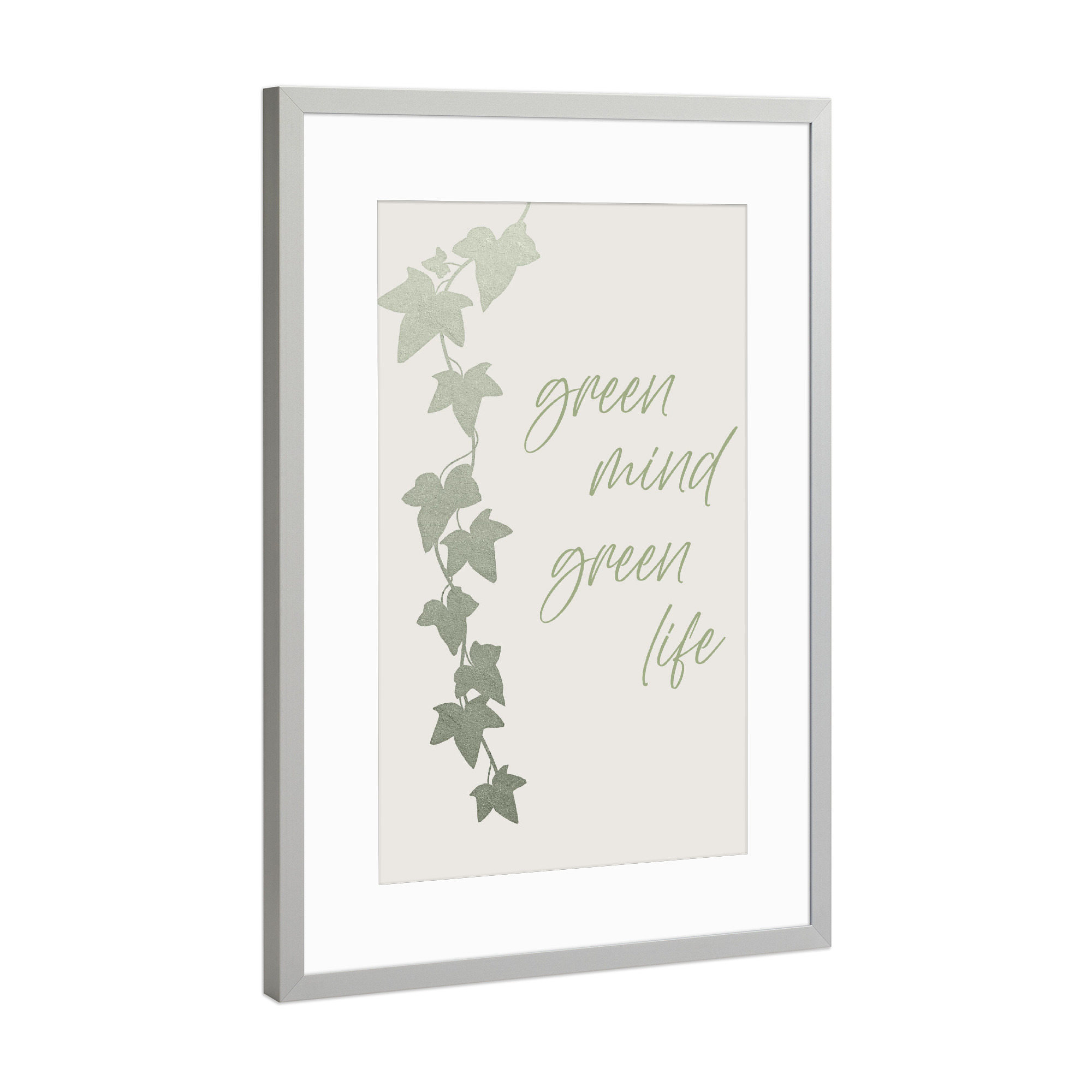 Poster mit Rahmen Silber "Grüner Verstand - Grünes Leben" artboxONE - Typografie,Natur,Floral