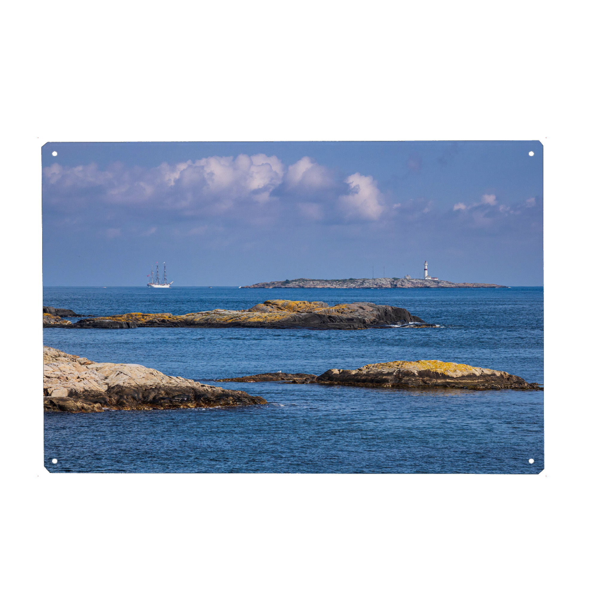Holzbild "Felsen, Segelschiff und Leuchtturm" artboxONE - Natur,Reise,Architektur,Reise / Strand und Meer,Reise / Länder