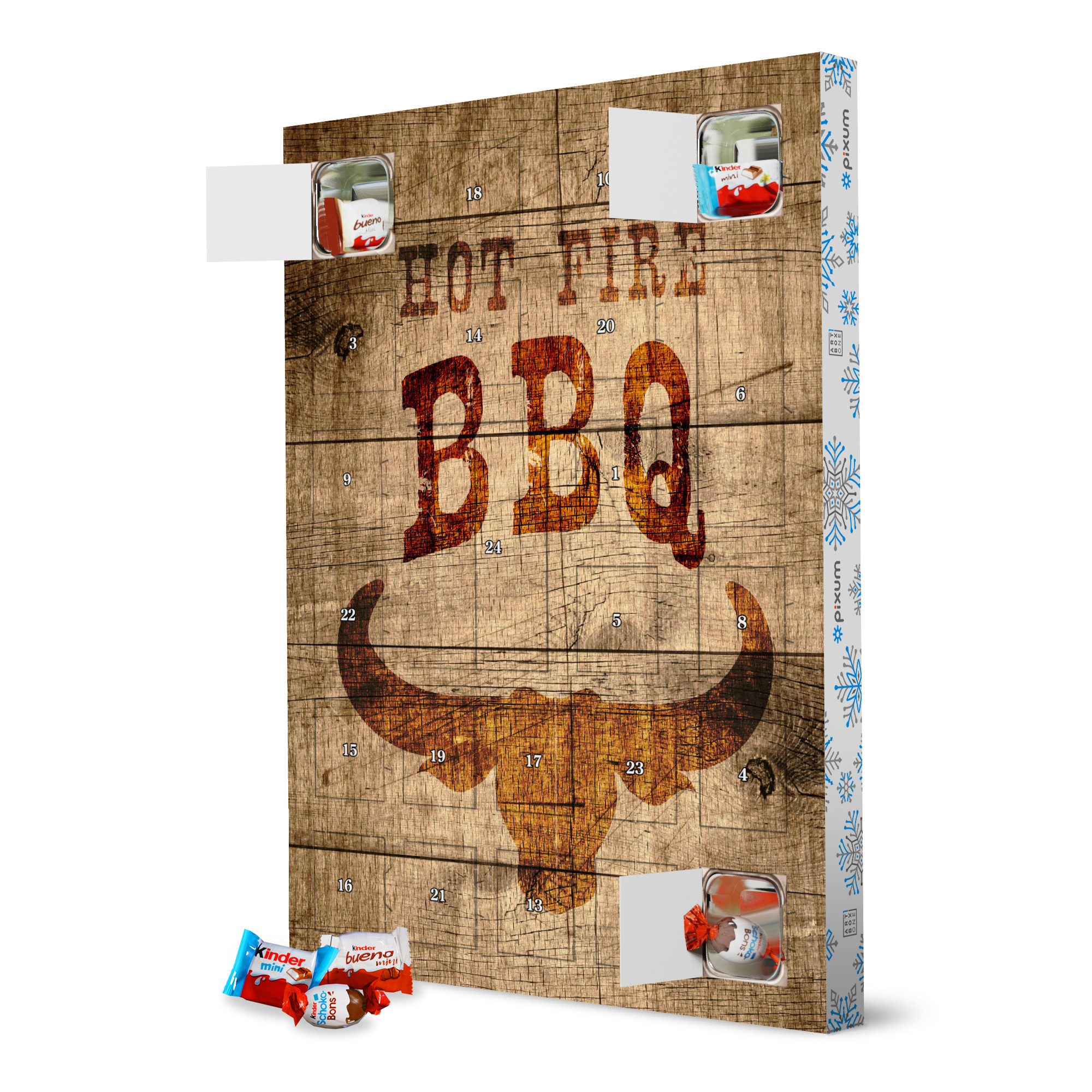 Adventskalender XXL mit Produkten von Kinder BBQ Holztafel artboxONE Adventskalender Typografie