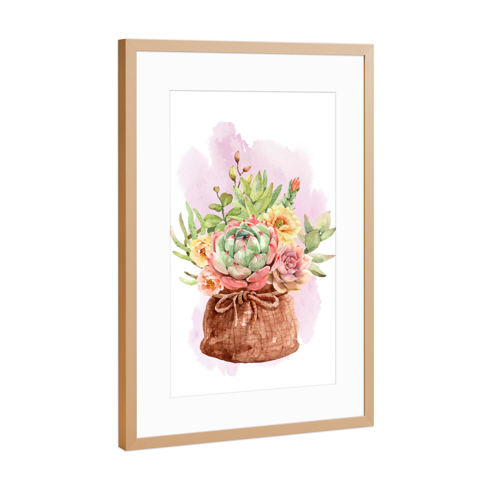 Poster mit Rahmen Kupfer "Sukkulente und Blumen im Stoffsack" artboxONE - Floral - Sack,Blume,Flora,Pflanze,Bunt,Colorful,Flowers,Bouquet,Plant