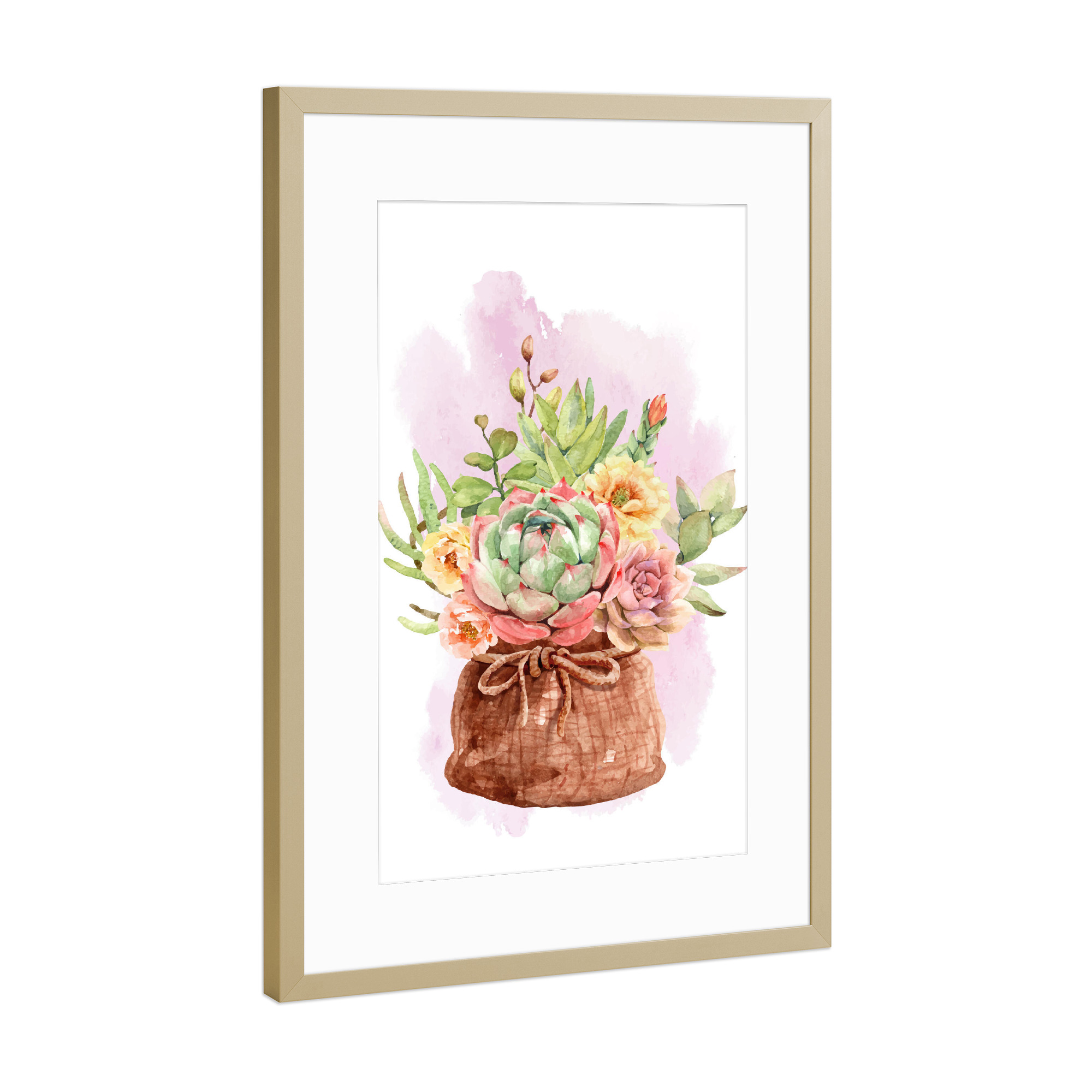 Poster mit Rahmen Gold "Sukkulente und Blumen im Stoffsack" artboxONE - Floral - Sack,Blume,Flora,Pflanze,Bunt,Colorful,Flowers,Bouquet,Plant