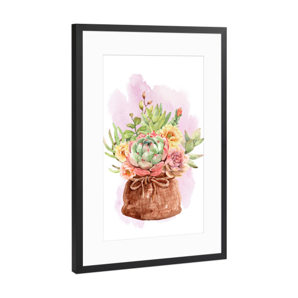 Poster mit Rahmen Schwarz (Metallic) "Sukkulente und Blumen im Stoffsack" artboxONE - Floral