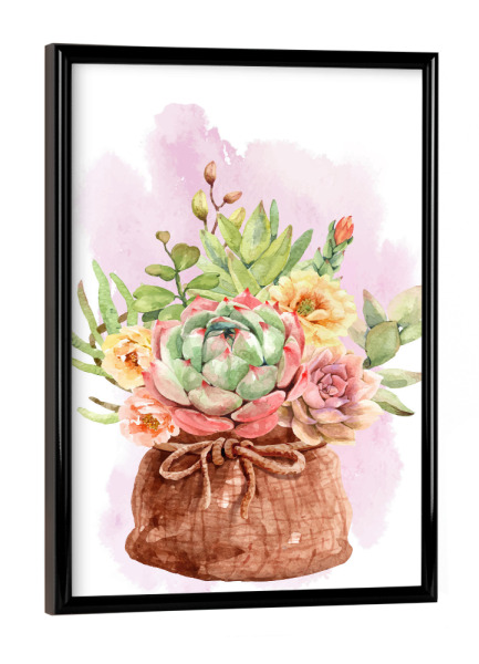 Poster mit schwarzem Rahmen "Sukkulente und Blumen im Stoffsack" artboxONE - Floral - Sack,Blume,Flora,Pflanze,Bunt,Colorful,Flowers,Bouquet,Plant