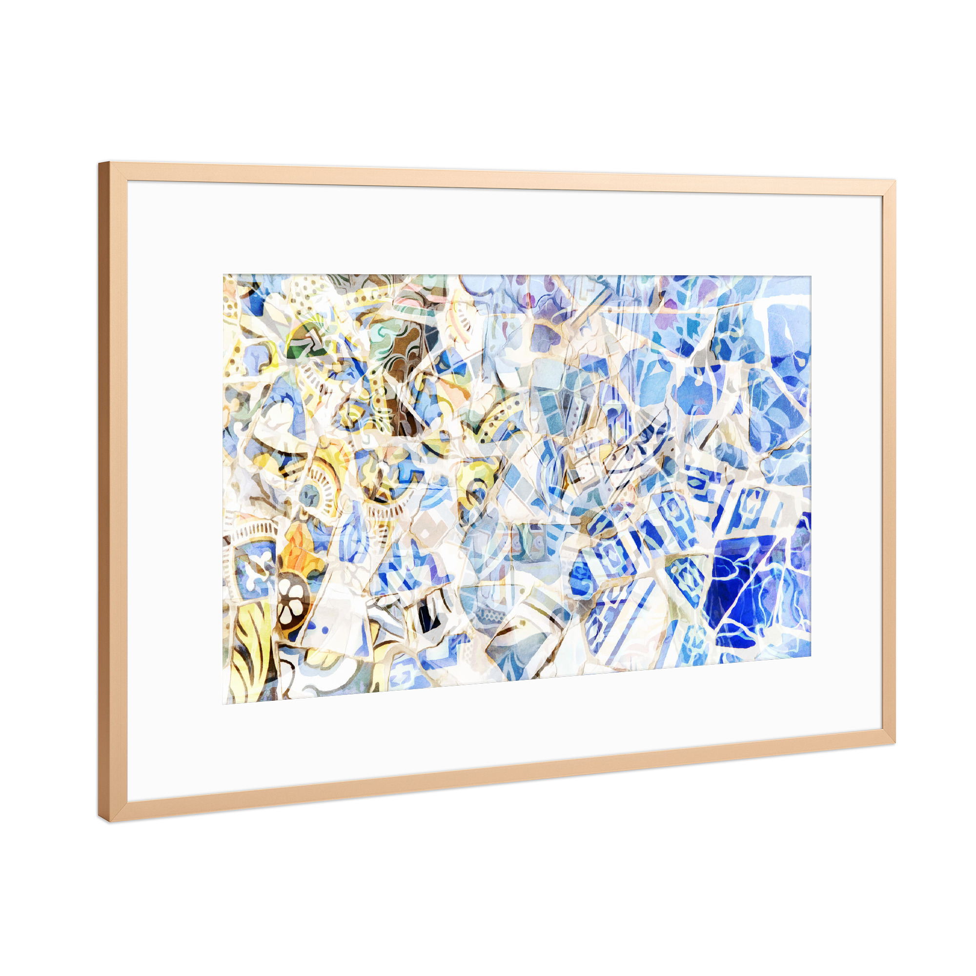 Poster mit Rahmen Kupfer "Blaues und weißes Mosaik" artboxONE - Abstrakt,Architektur,Städte / Barcelona