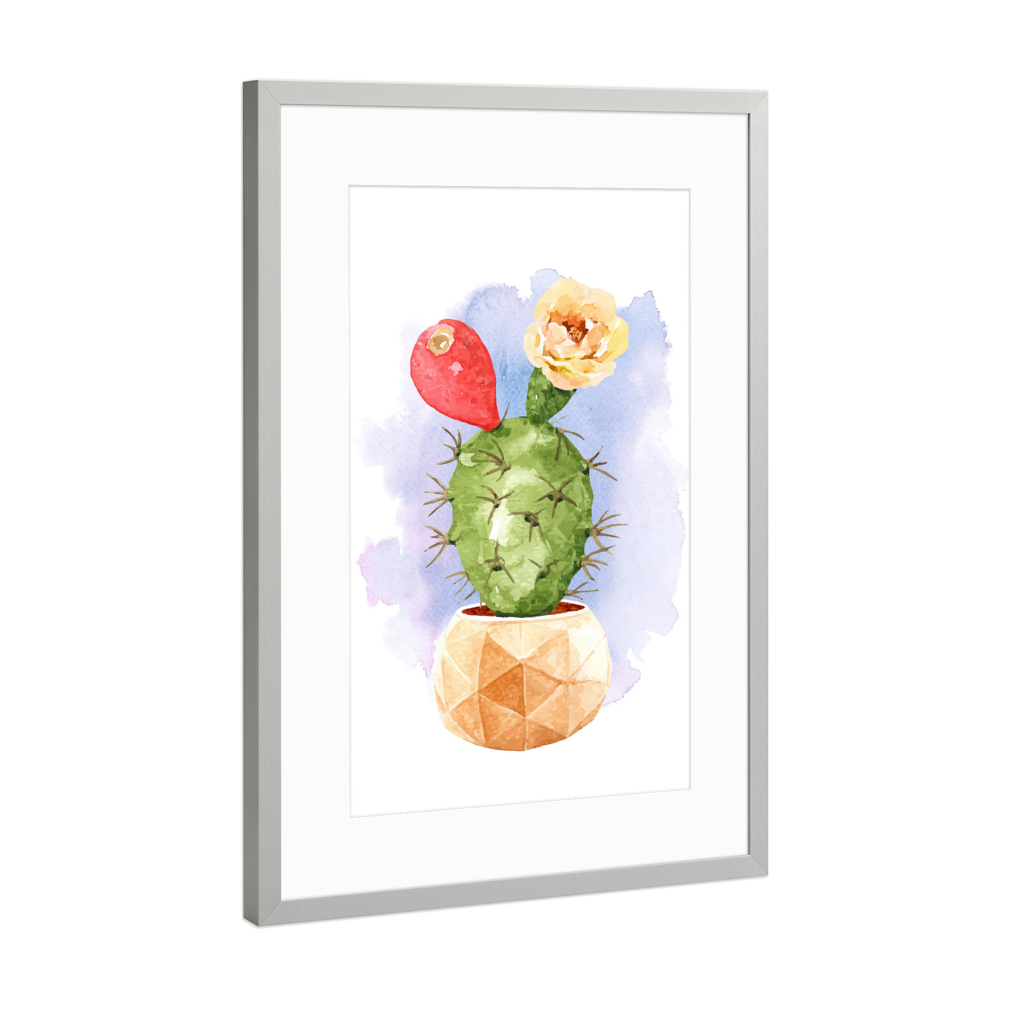 Poster mit Rahmen Silber "Kaktus mit Blüten im Steintopf" artboxONE - Natur,Floral