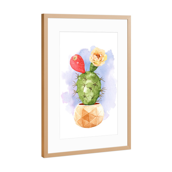 Poster mit Rahmen Kupfer "Kaktus mit Blüten im Steintopf" artboxONE - Natur,Floral