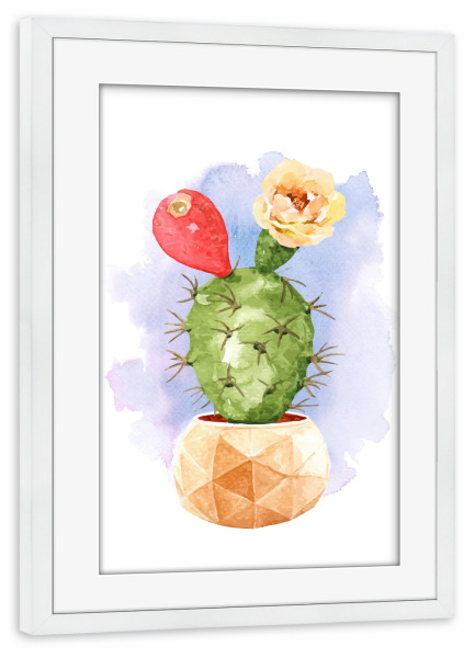 Poster mit Rahmen weiß "Kaktus mit Blüten im Steintopf" artboxONE - Natur,Floral