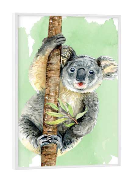 Poster mit weißem Rahmen "Koala am Stamm" artboxONE - Natur,Tiere - Koala,Klettern,Baum,Tier,Süß,Eukalyptus,Aquarell,Animal,Bear,Kinder,Nursery