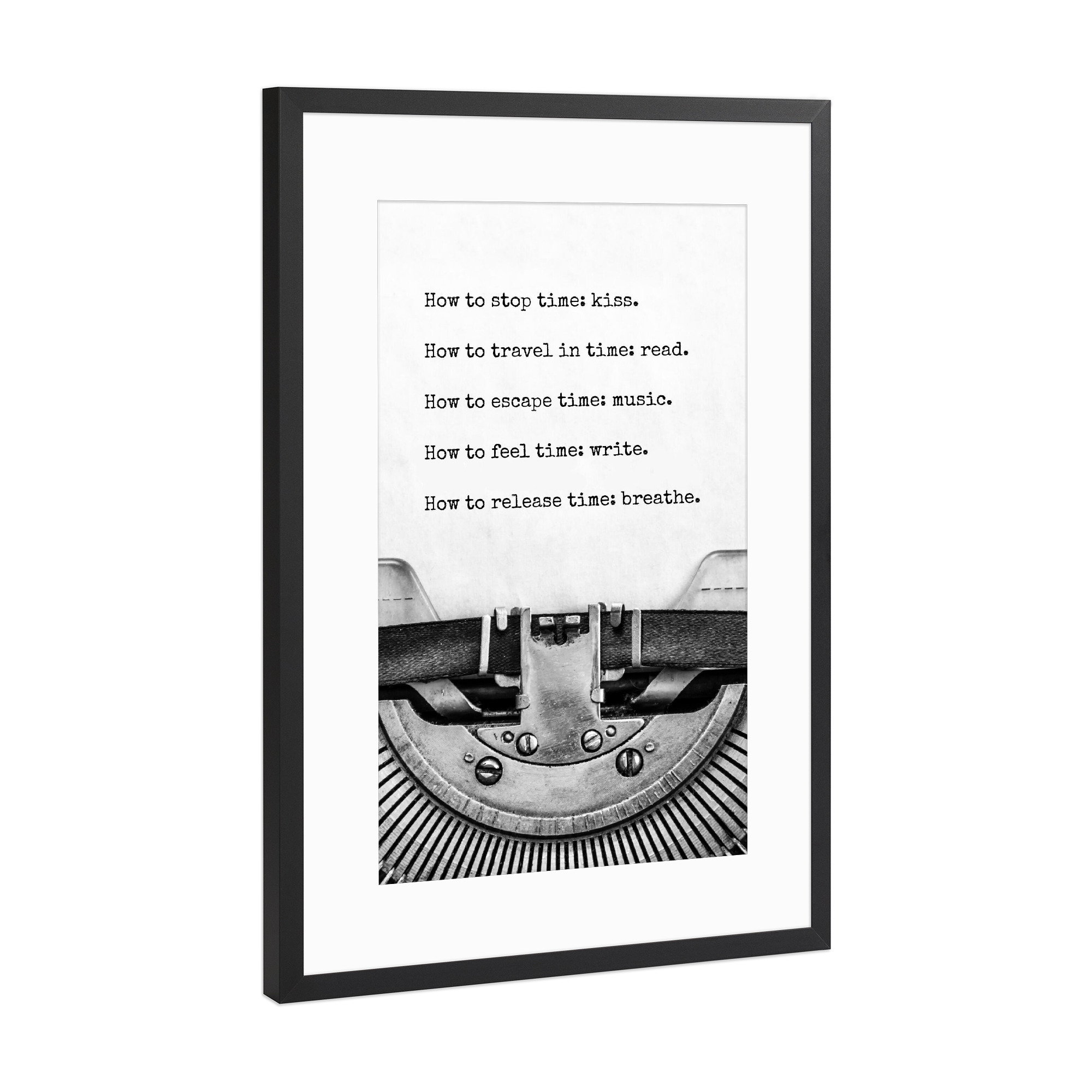 Poster mit Rahmen Schwarz (Metallic) "Typewriter - How to stop time" artboxONE - Typografie,Menschen