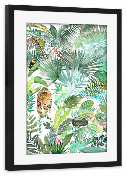 Poster mit Rahmen schwarz "Jungle Leopard" artboxONE - Natur,Tiere - Jungle,Nature,Safari,Animal,Tiger,Leopard,Tropical,Foliage,Palm