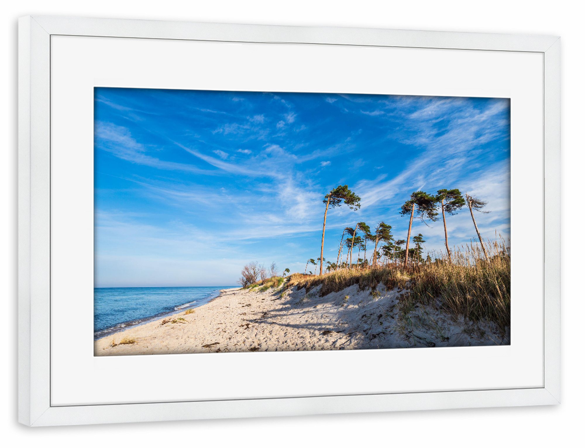 Poster mit Rahmen weiß "Strand, Bäume, Meer" artboxONE - Natur,Reise,Reise / Strand und Meer