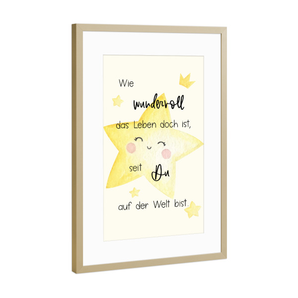 Poster mit Rahmen Gold "Wie wundervoll das Leben ist" artboxONE - Typografie,Für Kinder,Comic,Liebe