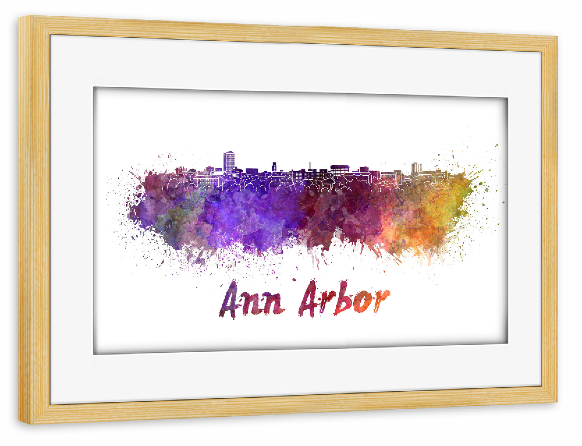 Poster mit Rahmen kiefer "ANN ARBOR Skyline in watercolor-b" artboxONE - Städte,Reise,Abstrakt,Architektur