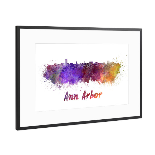 Poster mit Rahmen Schwarz (Metallic) "ANN ARBOR Skyline in watercolor-b" artboxONE - Städte,Reise,Abstrakt,Architektur