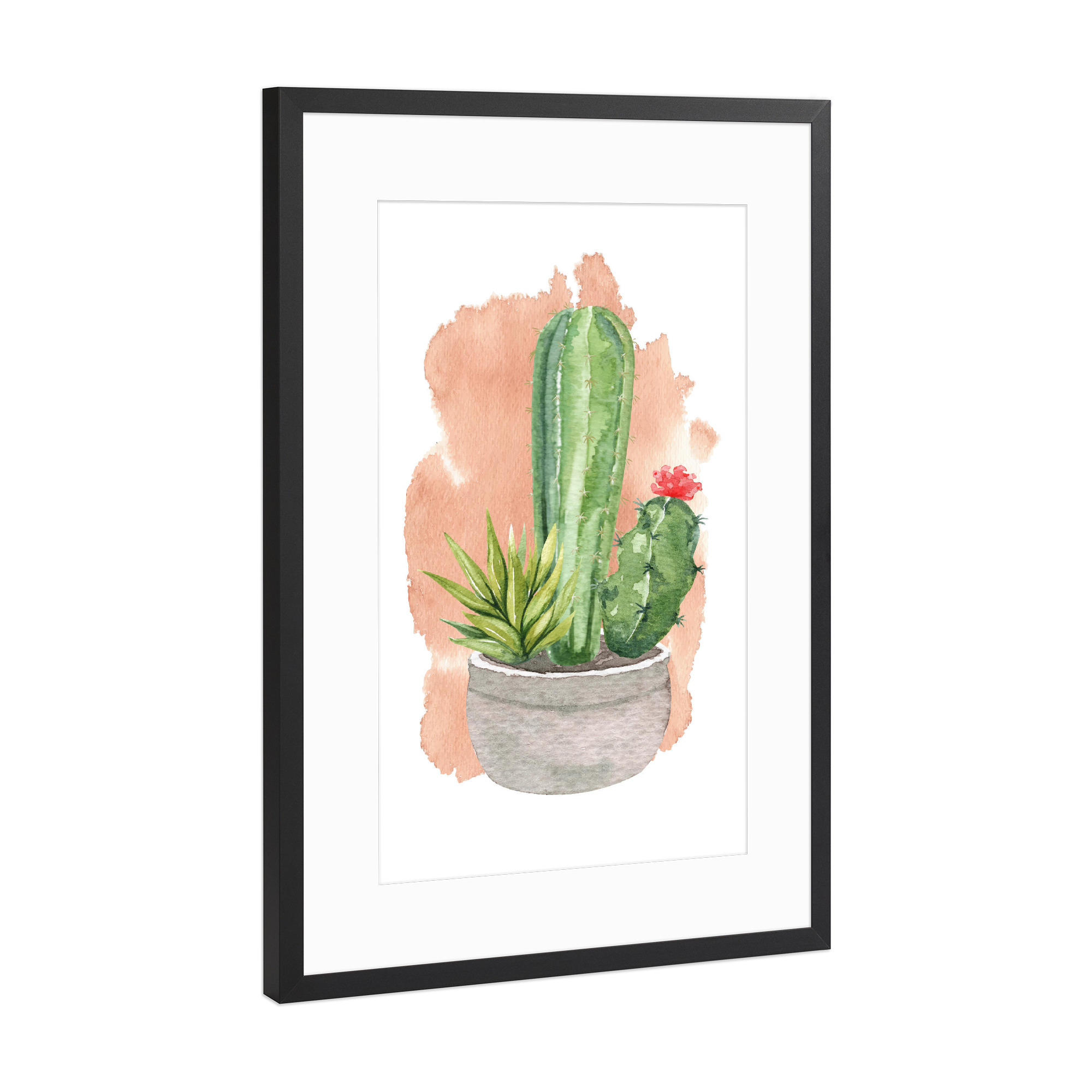 Poster mit Rahmen Schwarz (Metallic) "Kakteen im Steintopf mit Blüte" artboxONE - Natur,Floral - Kaktus,Blume,Topf,Stein,Blühen,Pflanze,Plant,Cacteen