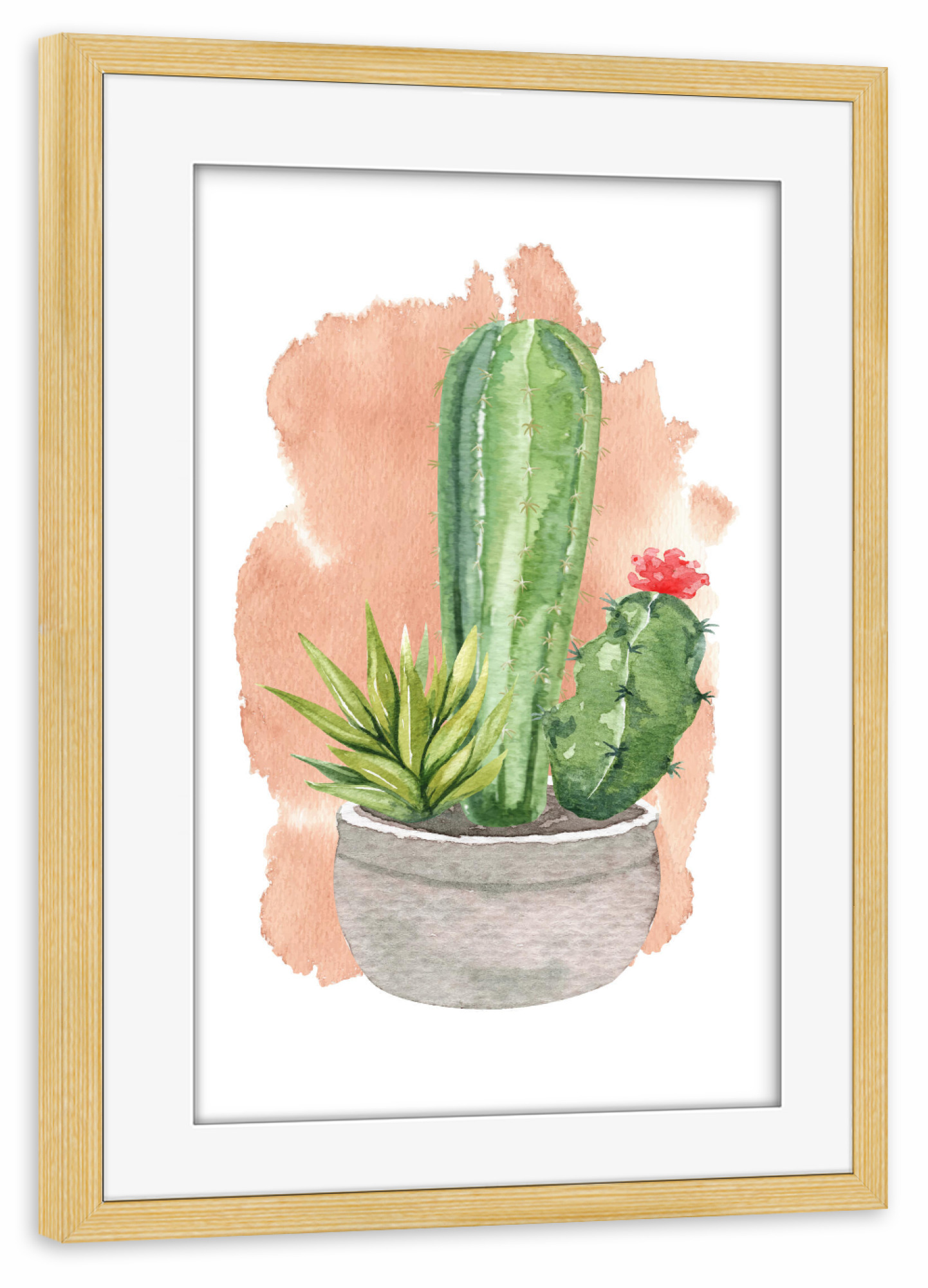 Poster mit Rahmen kiefer "Kakteen im Steintopf mit Blüte" artboxONE - Natur,Floral - Kaktus,Blume,Topf,Stein,Blühen,Pflanze,Plant,Cacteen