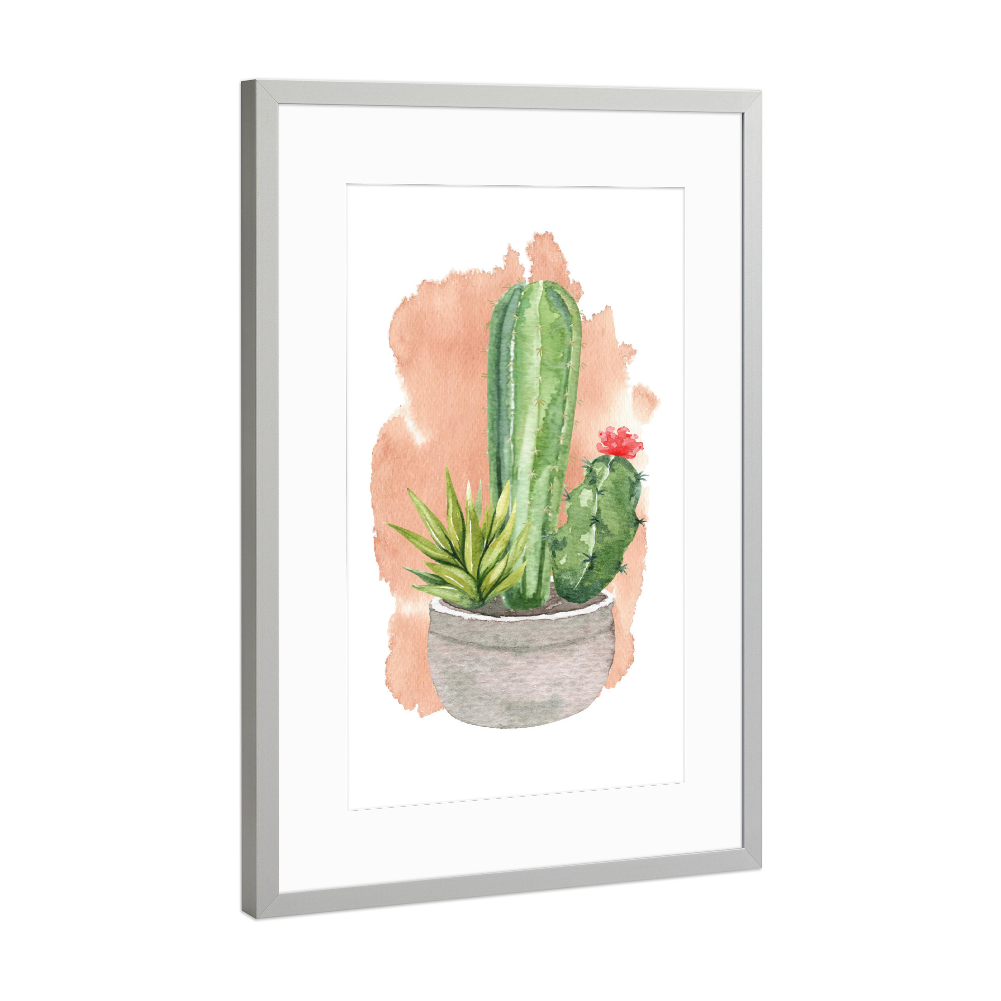 Poster mit Rahmen Silber "Kakteen im Steintopf mit Blüte" artboxONE - Natur,Floral - Kaktus,Blume,Topf,Stein,Blühen,Pflanze,Plant,Cacteen