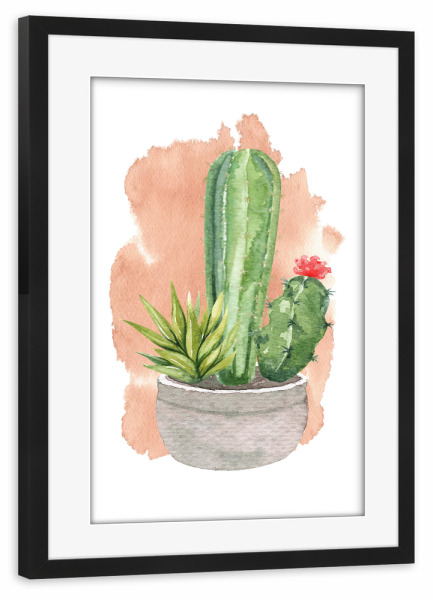 Poster mit Rahmen schwarz "Kakteen im Steintopf mit Blüte" artboxONE - Natur,Floral - Kaktus,Blume,Topf,Stein,Blühen,Pflanze,Plant,Cacteen