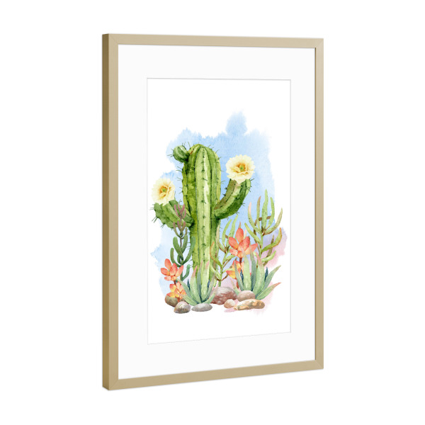 Poster mit Rahmen Gold "Blühender Kaktus und Sukkulenten" artboxONE - Natur,Floral