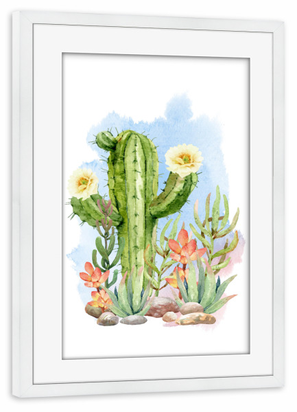 Poster mit Rahmen weiß "Blühender Kaktus und Sukkulenten" artboxONE - Natur,Floral