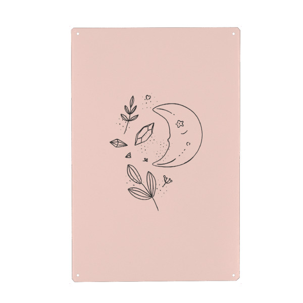 Holzbild "Floral art style moon pink" artboxONE - Natur,Floral - Blumen,Blätter,Mond,Zweig,Illustration,Vintage,Grafik,Linear,Garten,Natur,Bio,Gebäude