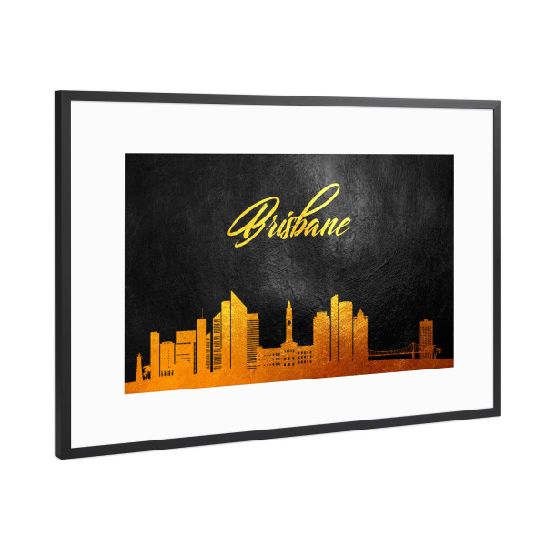 Poster mit Rahmen Schwarz (Metallic) "Brisbane Australia Gold Skyline" artboxONE - Städte - Gold,Skyline,Brisbane,Australia,Australien,City,Stadt