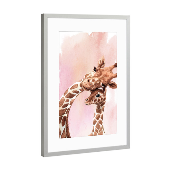 Poster mit Rahmen Silber "Giraffen Mama & Jungtier" artboxONE - Natur,Für Kinder,Tiere