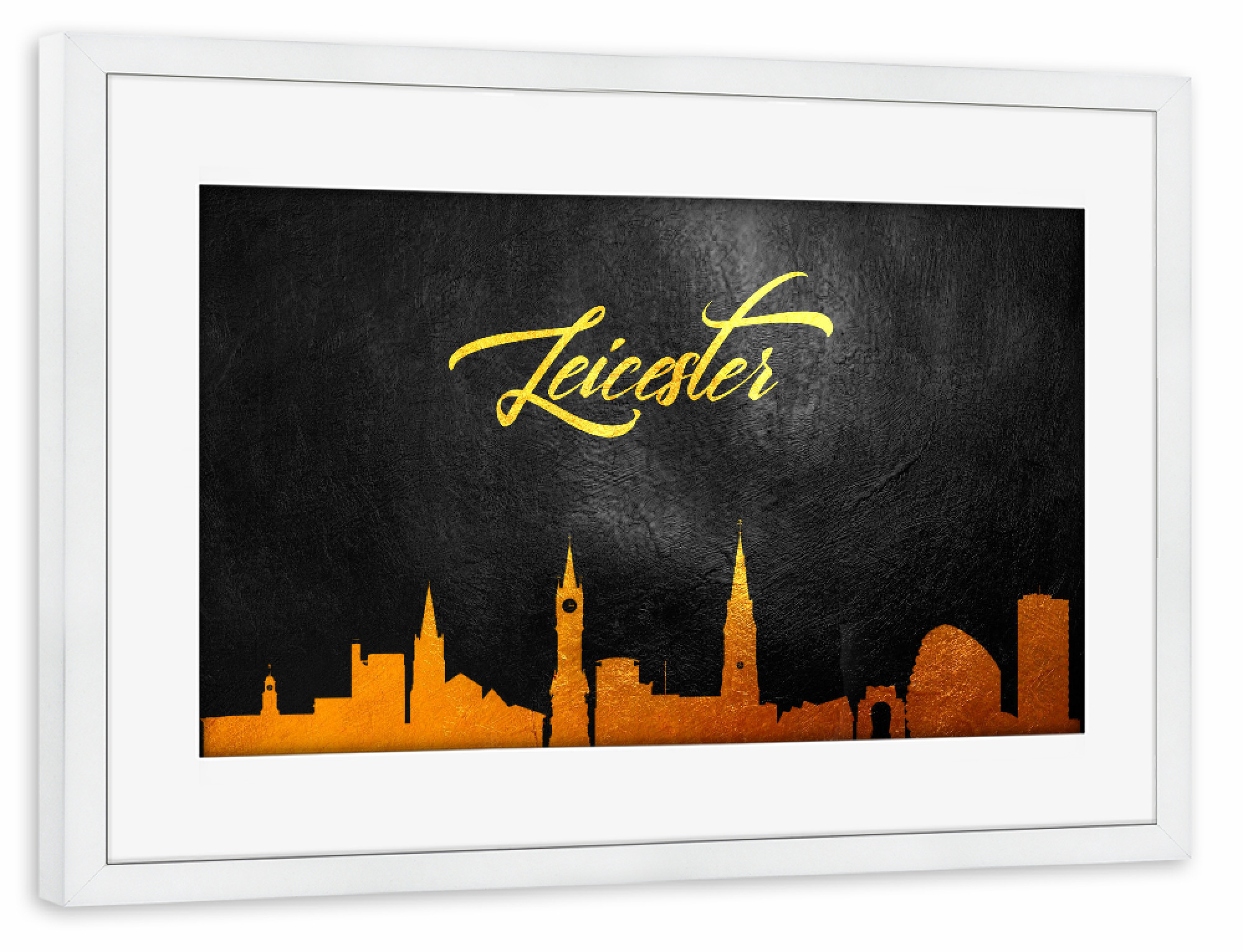 Poster mit Rahmen weiß "Leicester England Gold Skyline" artboxONE - Städte - Gold,Skyline,Leicester,England,City,Stadt