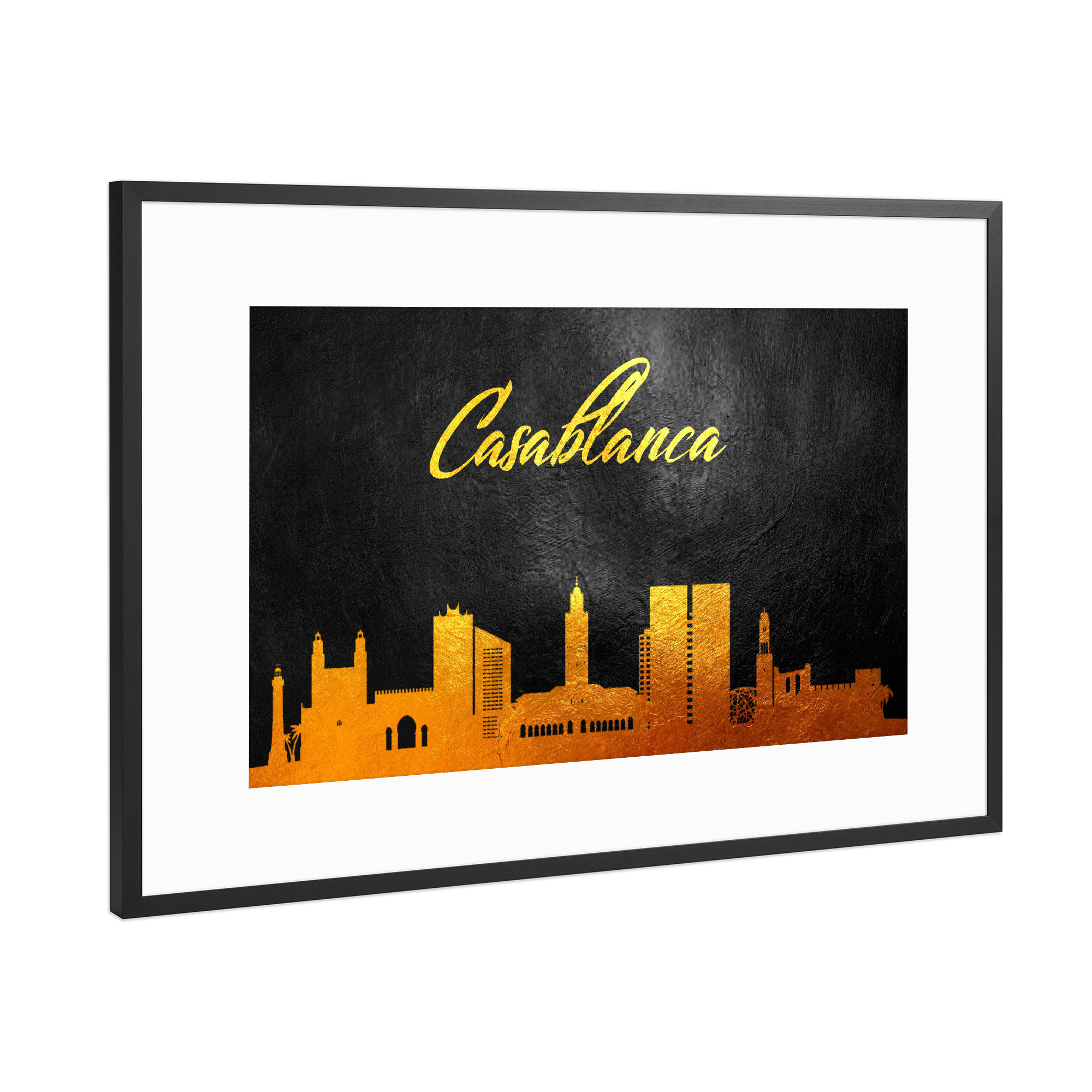 Poster mit Rahmen Schwarz (Metallic) "Casablanca Morocco Gold Skyline" artboxONE - Städte - Gold,Skyline,Casablanca,Morocco,Marokko,City,Stadt