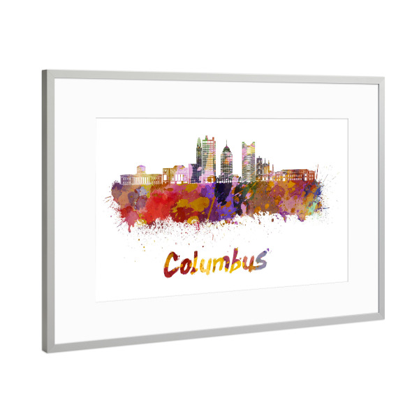 Poster mit Rahmen Silber "COLUMBUS v2 skyline in watercolor" artboxONE - Städte,Abstrakt,Architektur