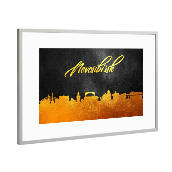 Poster mit Rahmen Silber "Novosibirsk Russia Gold" artboxONE - Städte - Novosibirsk,Russia,Gold,Skyline,Russland,Stadt,Reise,Travel