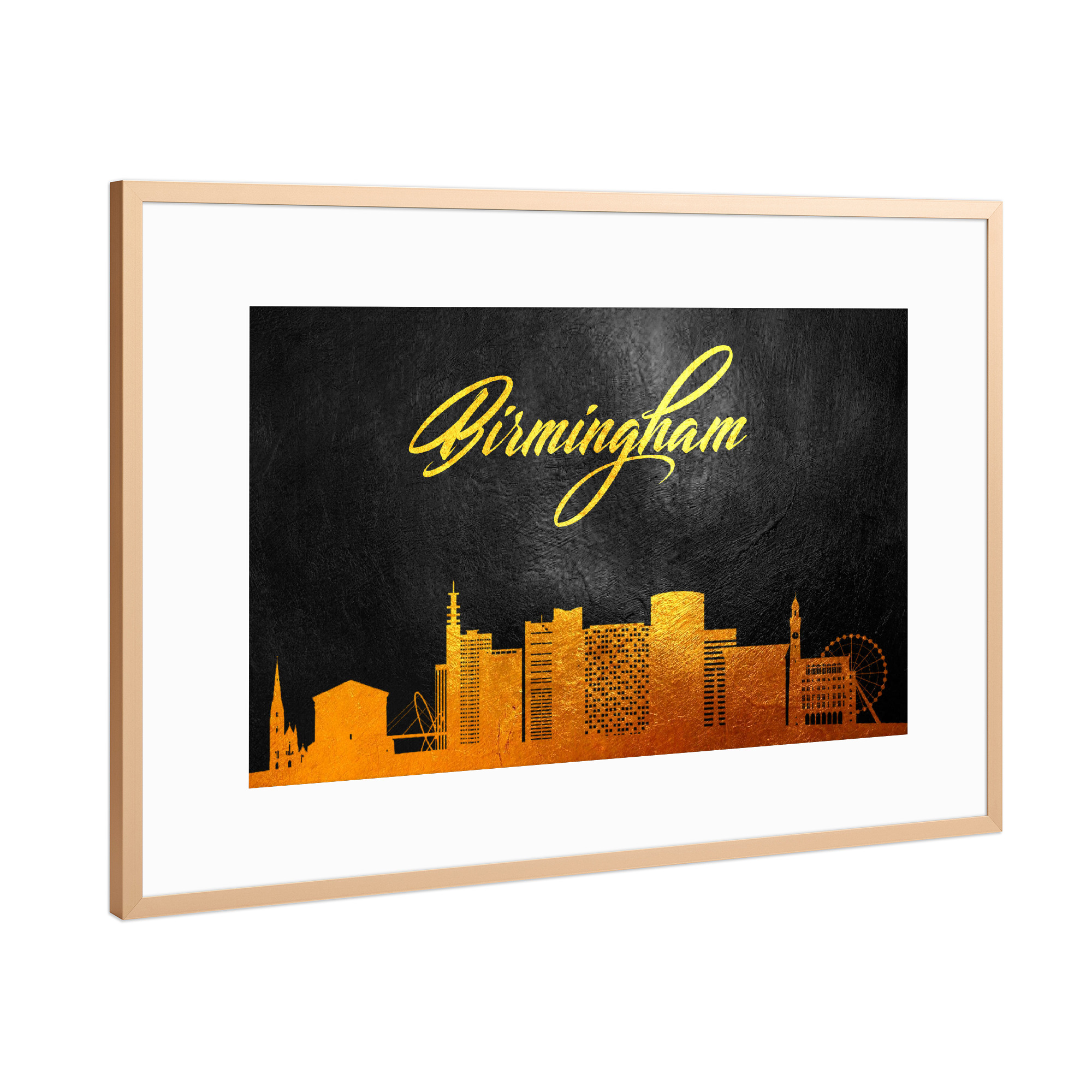 Poster mit Rahmen Kupfer "Birmingham England Gold Skyline" artboxONE - Städte - Birmingham,England,Gold,Skyline,City,Stadt