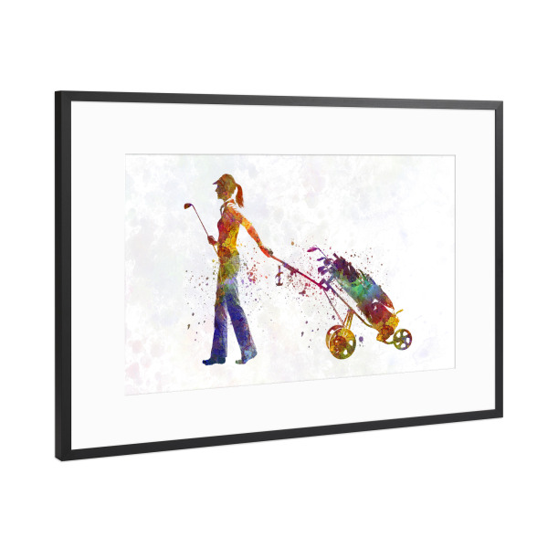 Poster mit Rahmen Schwarz (Metallic) "Female golf player-b" artboxONE - Abstrakt,Sport
