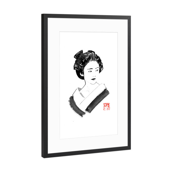 Poster mit Rahmen Schwarz (Metallic) "Watching geisha" artboxONE - Menschen - Geisha,Sumie,Japan,Menschen,Schwarzweiß,Blackandwhite