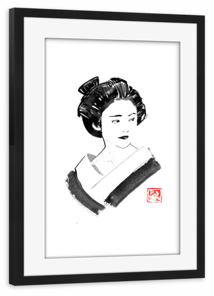Poster mit Rahmen schwarz "Watching geisha" artboxONE - Menschen - Geisha,Sumie,Japan,Menschen,Schwarzweiß,Blackandwhite