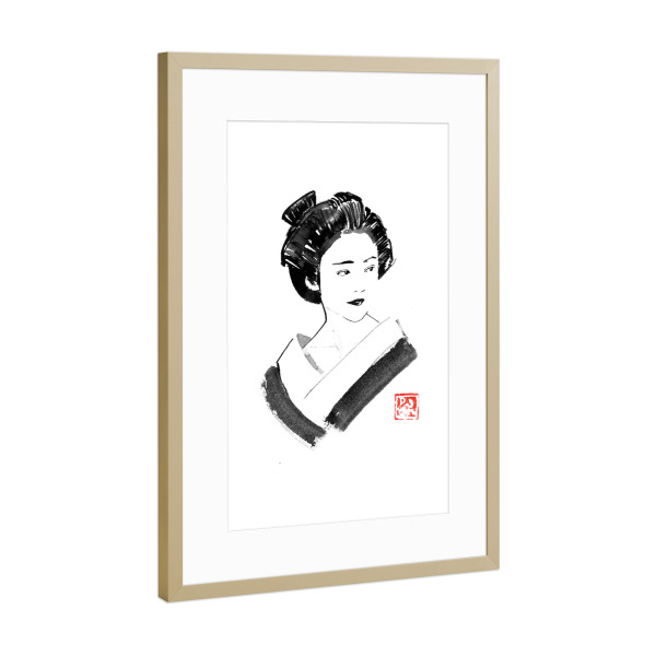 Poster mit Rahmen Gold "Watching geisha" artboxONE - Menschen - Geisha,Sumie,Japan,Menschen,Schwarzweiß,Blackandwhite