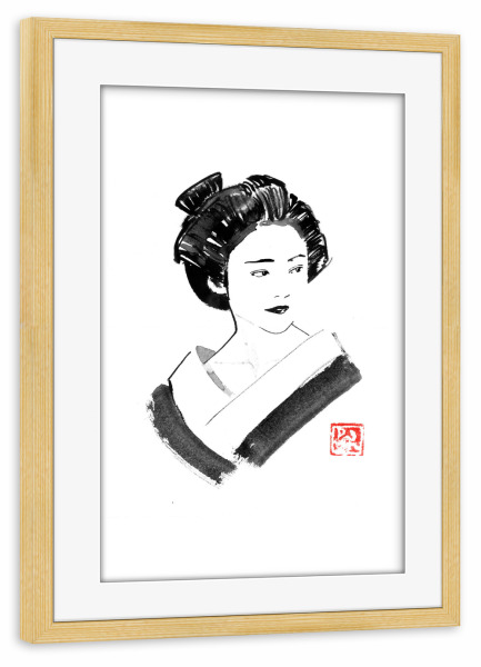 Poster mit Rahmen kiefer "Watching geisha" artboxONE - Menschen - Geisha,Sumie,Japan,Menschen,Schwarzweiß,Blackandwhite