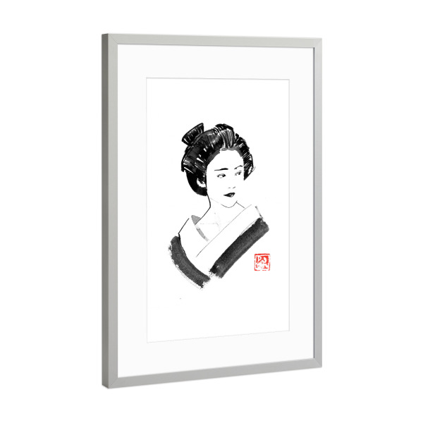 Poster mit Rahmen Silber "Watching geisha" artboxONE - Menschen - Geisha,Sumie,Japan,Menschen,Schwarzweiß,Blackandwhite