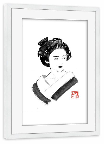Poster mit Rahmen weiß "Watching geisha" artboxONE - Menschen - Geisha,Sumie,Japan,Menschen,Schwarzweiß,Blackandwhite