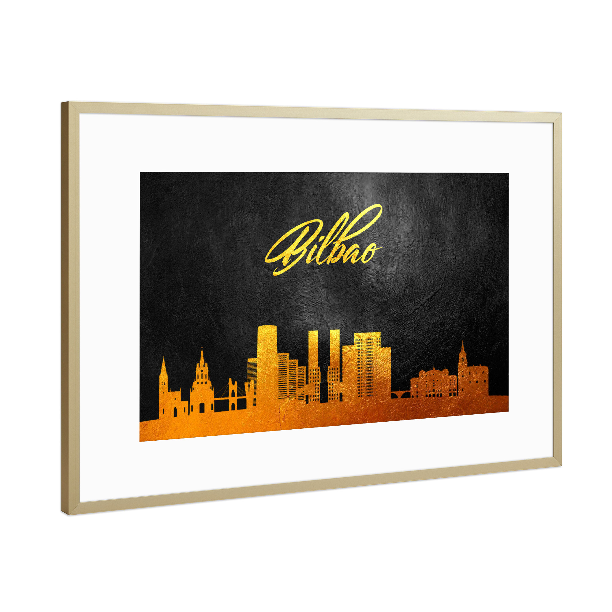 Poster mit Rahmen Gold "Bilbao Spain Gold Skyline" artboxONE - Städte - Bilbao,Spain,Gold,Skyline,Spanien,Stadt