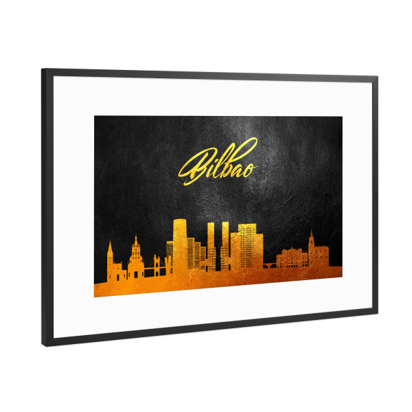 Poster mit Rahmen Schwarz (Metallic) "Bilbao Spain Gold Skyline" artboxONE - Städte - Bilbao,Spain,Gold,Skyline,Spanien,Stadt
