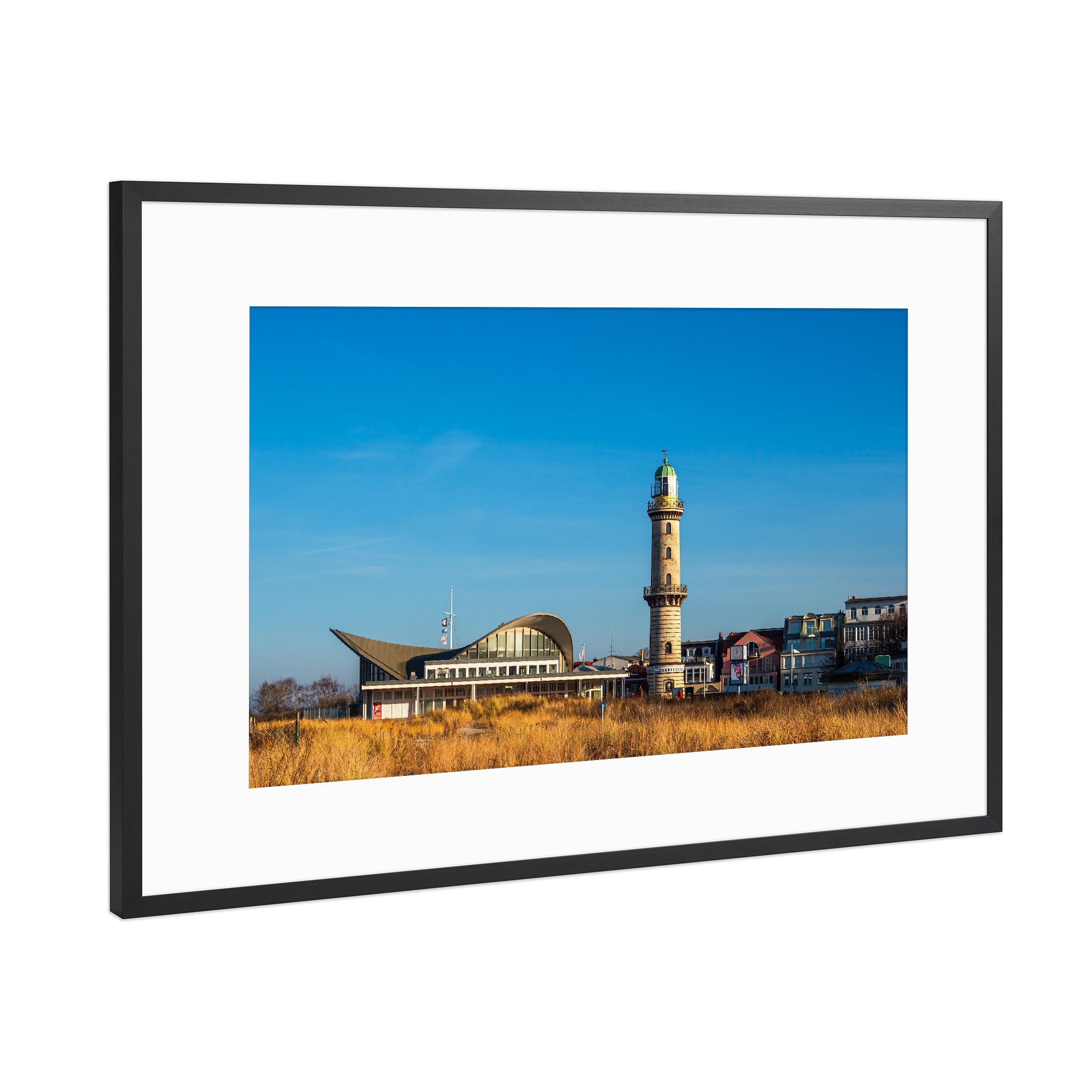 Poster mit Rahmen Schwarz (Metallic) "Dünengras, Leuchtturm, Teepott" artboxONE - Natur,Reise,Architektur,Reise / Strand und Meer