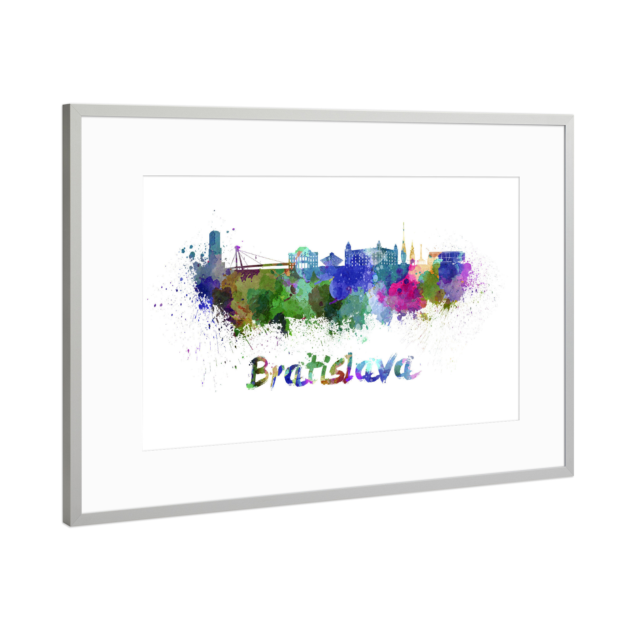 Poster mit Rahmen Silber "BRATISLAVA skyline in watercolor-b" artboxONE - Städte,Reise,Abstrakt,Architektur