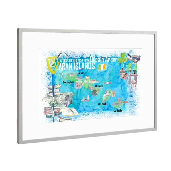 Poster mit Rahmen Silber "Aran Islands Illustrated Map" artboxONE - Reise,Reise / Strand und Meer,Kartografie