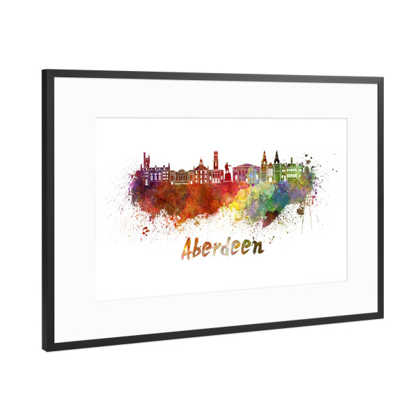 Poster mit Rahmen Schwarz (Metallic) "ABERDEEN skyline in watercolor-b" artboxONE - Städte,Reise,Reise / Länder