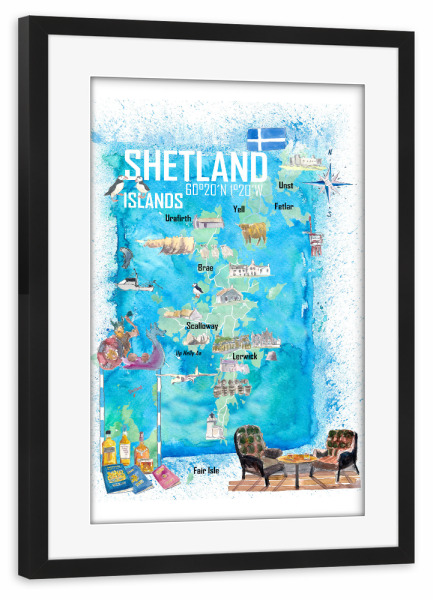Poster mit Rahmen schwarz "Shetland Travel Map" artboxONE - Reise,Reise / Strand und Meer,Reise / Länder,Kartografie